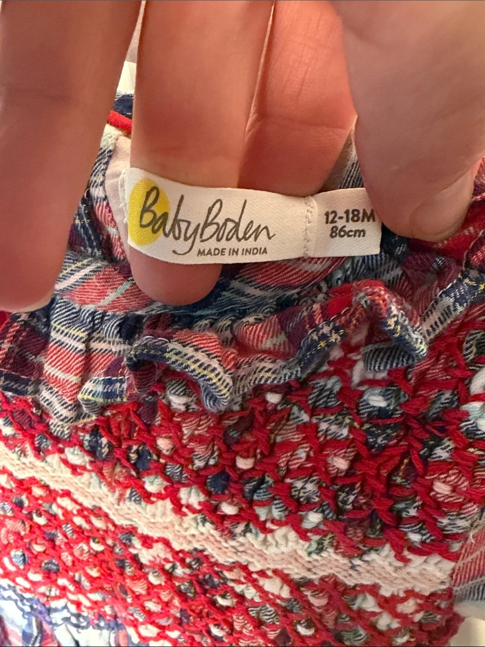 Mini Boden Red & Navy Plaid Smocked Long-Sleeve Lined Dress w/ Stitched Bird